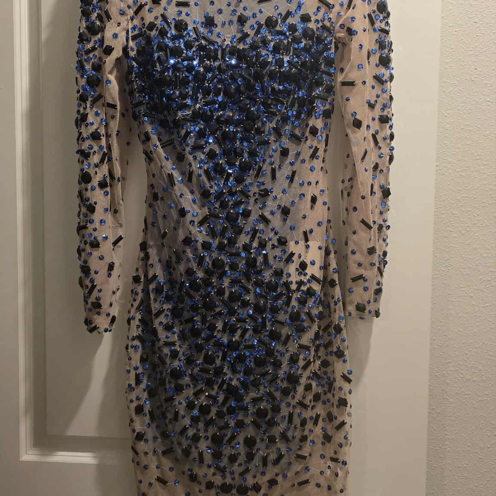 Anny Lee Long Sleeve Dress with Blue and Black Embellishments